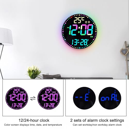 Horloge murale numérique 12 pouces avec veilleuse RVB et télécommande - 8