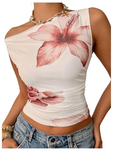 Milumia Women Floral One Off Shoulder Ruched Crop Tops Sleeveless Asymmetrical Neck Tank Top