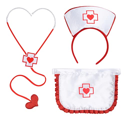 Dzrige Womens Nurse Costume Nurse Hat Headband Apron and Stethoscope for Halloween Nurse Outfit Cosplay One Size