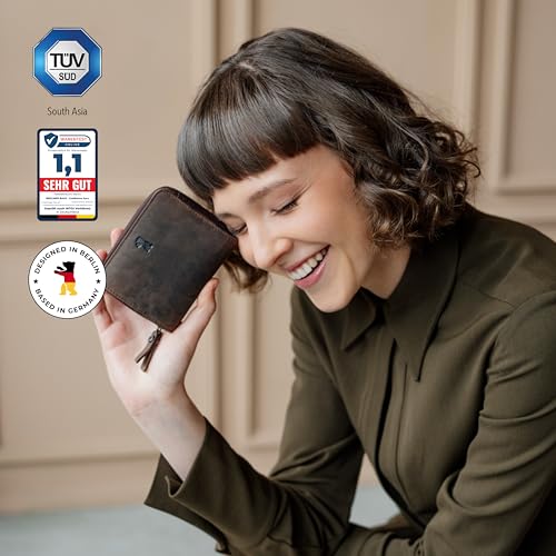BERLINER BAGS Vintage Genuine Leather Small Wallet for Women Sara, Card Holder, Mini Bifold Wallet for Cash, RFID Blocking, with Zipped Coin Pocket - Brown3