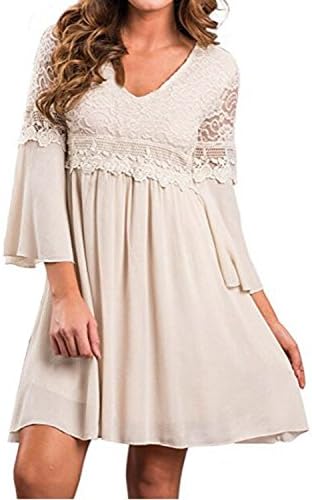 ZANZEA Women's Vintage Floral Lace V Neck 3/4 Bell Sleeve Cocktail Wedding Party A-line Swing Casual Mini Dress Beige L