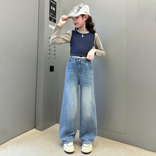 Girls Jeans Elastic Wide Leg Button Baggy Denim Pants High Waist Trousers Trendy Preppy Y2k Streetwear with Pockets2