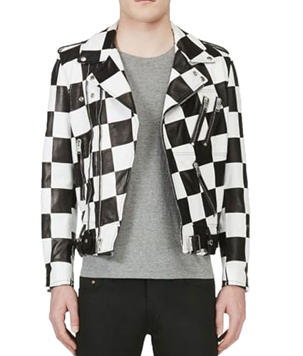 Men’s Classic Moto Biker Checkerboard Leather Jacket