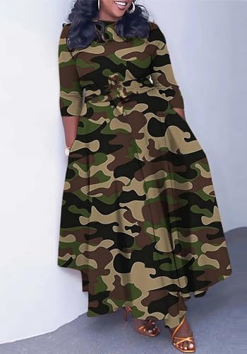 SHINFY Womens Camo Long Sleeve Plus Size Dress African Camouflage Print A-line Flowy Long Maxi Dress with Tie2
