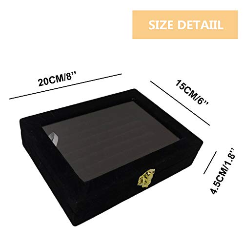 Bettli Ring Storage Case Earring Velvet Display Case Box Earring Ring Organizer Velvet Jewelry Tray Cufflink Storage Showcase With Clear Glass Lid Black #TOP5