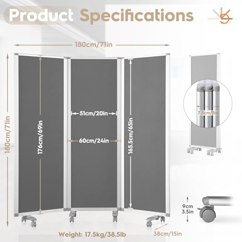 Flodable Wall Partition Sliding Office Dividers Workstation Privacy Panels Freestanding Rolling Screen,Grey Fabric,71\" H x 24\" W,Locking Wheel - Thumbnail 2