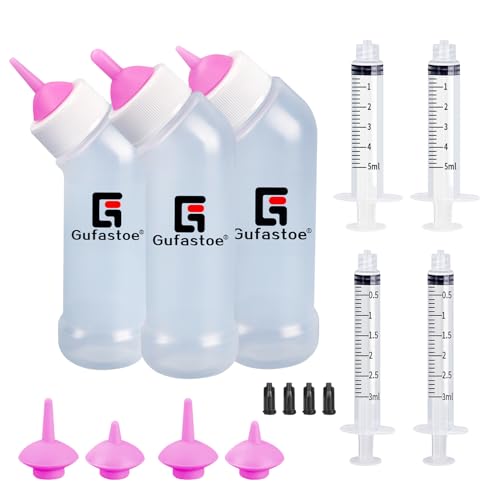 Gufastoe Biberon Chaton Bouteilles pour kit d'allaitement, biberon avec Mamelon d'alimentation et seringues pour Toutes Les Races de Chiots, Chatons et Autres Animaux, Rose