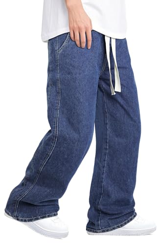 Heyfanee Men's Baggy Jeans Elastic Waist Denim Pants Men Drawstring Blue 38
