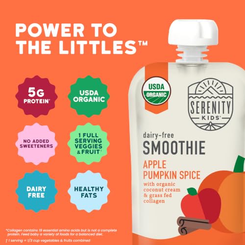 Image of Serenity Kids Organic Apple Pumpkin Spice Pouch, Toddler Snacks, 3.5 OZ | 5g Grass-Fed Collagen Protein Smoothie, USDA Organic Dairy-Free, Breakfast Smoothie, Travel Snacks, Gluten Free Snacks