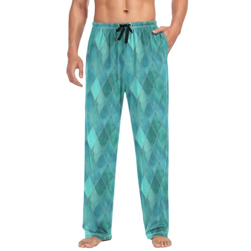 Men’s Teal Watercolor Geometric Plaid Pajama Pants with Pockets, Comfortable Lounge Sleep Bottoms#643