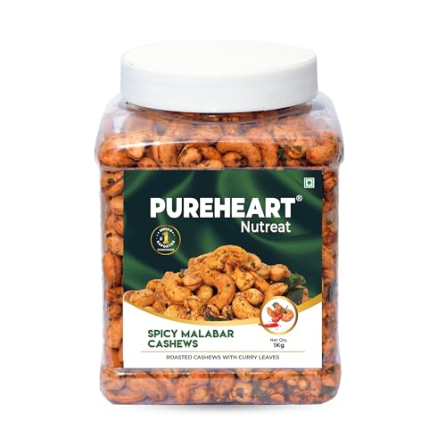 Image of Pureheart Spicy Malabar Cashews 1kg | Roasted Masala Kaju with Curry Leaves | Premium Crunchy Flavored Cashew Nuts | Healthy Snack, Protein Rich Dry Fruits | Spicy Roasted Nuts Pack