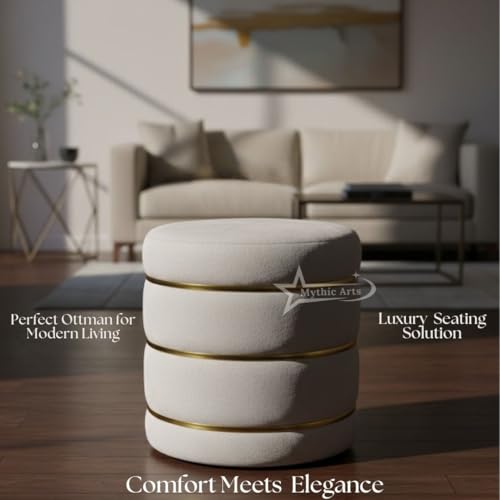 Image of Wooden Puffy Round Footstool and Ottoman Stool for Living Room Furnishings, Sitting Pouffe Ottoman Stool, Office Stool, and Room Decor Cream