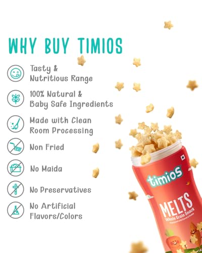 Image of Timios Melts Wholegrain Teething Puffs - Carrot & Cumin, Preservative‑Free, No Maida, Non-Fried, Iron & Fiber-Rich, Travel‑Friendly Snack, Healthy Snacks for Kids, 2x50 g (Pack of 3)