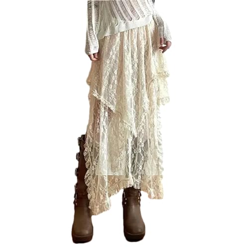 Women Lace Layered Vintage Y2k Boho Skirt High Waist Asymmetrical A-Line Skirt