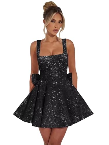 Sparkly Sequin Homecoming Dresses with Bow Square Neck Short Prom Dress for Teens A-Line Cocktail Party Gowns