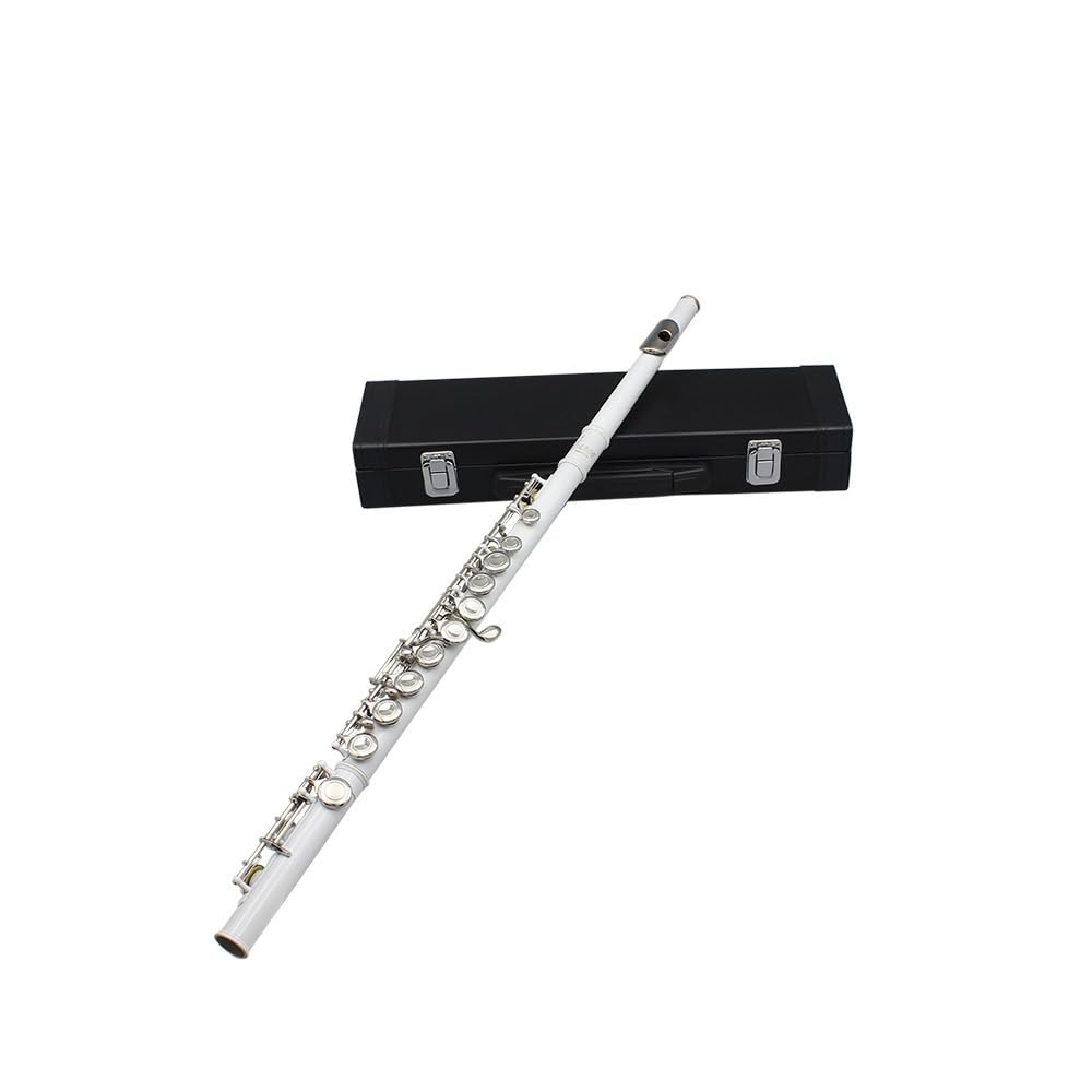 Flauta blanca de 16 orificios en C, cuerpo de tubo de cobre blanco, orificio de sonido técnico de dibujo en frío, multicolor opcional, adecuado for principiantes, caja de almacenamiento de cuero y jue
