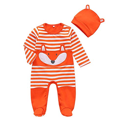 Little Story Infant Newborn Baby Boys Girls Cartoon Fox Striped Romper Jumpsuit+Hat Outfits Orange