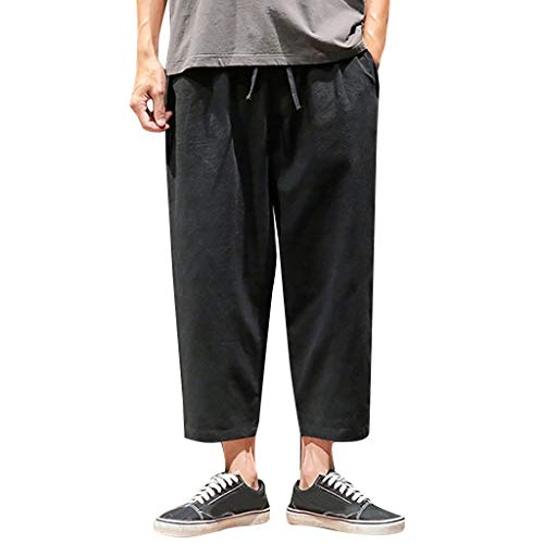 KUKICAT - Pantalones de algodón para hombre, color puro, elásticos, cordón de ajuste, talla grande, informal, ligero y transpirable con bolsillos, pantalones de deporte Negro L