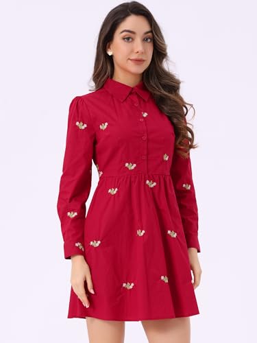 Image of Allegra K Women's Shirt Dress A Line Embroidered Floral Mini Dresses | Casual, Collar, Long Sleeve, Button Down, Half Placket, Invisible Zipper, Knee Length