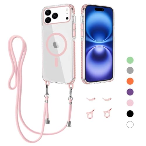 FERLAN Coque pour iPhone 17 Pro Max avec Cordon, Transparent Etui à Paillettes Compatible avec MagSafe, Antichoc Protection Coque pour Magnétique avec Réglable Collier, Rosa