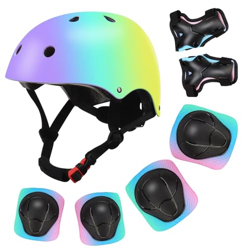 Image of Color Gradient Adjustable Kids Bike Helmet with Knee & Elbow Pads Set | Multi-Sport Safety Gear for Boys & Girls Ages 5-14 | Skateboarding, Scooters, Roller & Inline Skating, Longboarding