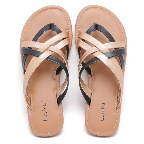 Image of Luoika Women's Wide Width Flat Sandals, Flip Flop Slides Sandal Casual Strapy Sandal Slip on Summer Beach Shoes for Women.