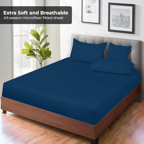 Image of Royale Linens Fitted Sheet King - Ultra Soft 1800 Brushed Microfiber - Hotel Luxury Bottom Sheets - Wrinkle Free & Fade Resistant - Deep Pocket Fitted Sheet Only (King, Navy)
