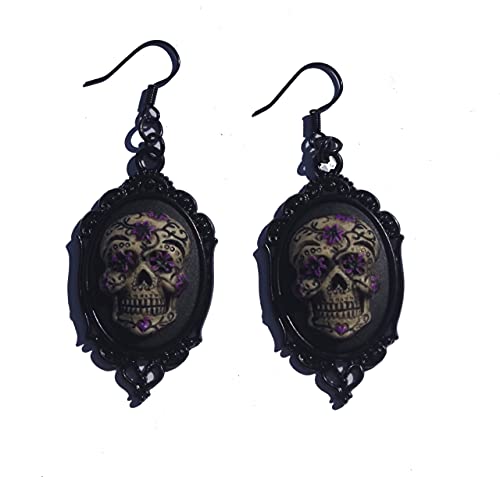 Pair of Gothic Black Setting Sugar Skull Day of the Dead Dia De Los Muertos Hand Made Earrings