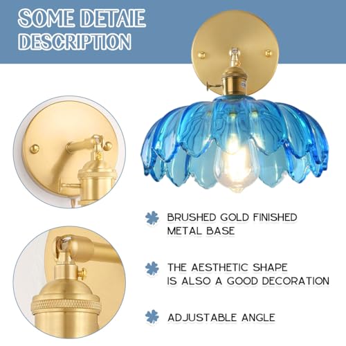 Image of Blue Wall Light Modern Sconces Flower Glass Shade Mid Century Sconce Vintage Bathroom Wall Lamp Black Gold Brass Sconces Fixture Brass Sconce Lighting for Over Mirror Farmhouse Bedroom