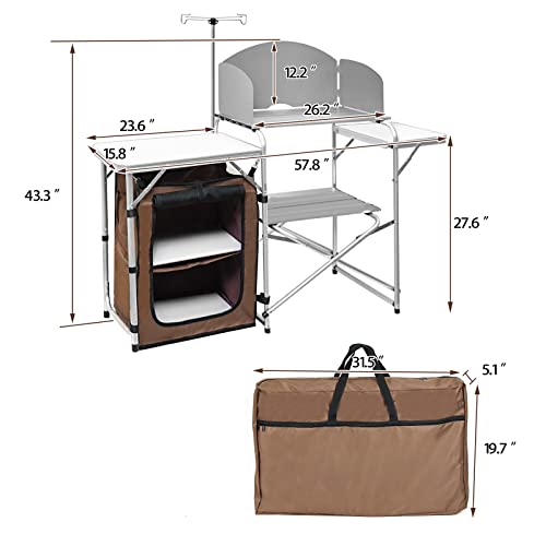 CampLand Folding Camping Kitchen Table with Windscreen,Portable Outdoor Cooking Station with Storage Cabinet & Side Tables Heavy Duty Camp Cook Station for Camping & BBQ（White）