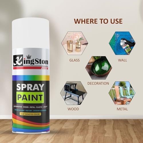 Image of Kingston Acrylic Spray Paint for Metal, Wood, Wall & Plastic, Multi-Surface DIY Paint, Quick Dry, Smooth Gloss Finish, 400ml Can, Glossy White, 1 Pc