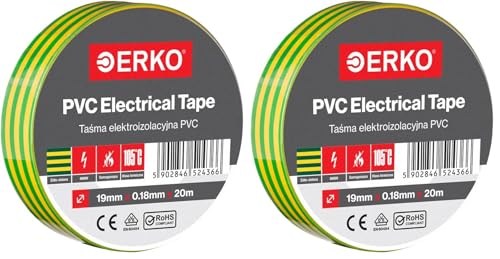 ERKO Cinta aislante Amarillo-verde PVC 19mm x 20m Reparación de conductos eléctricos, Alta flexibilidad con fuerte adhesión, Resistente a productos químicos, Cloruro de Polivinilo (Paquete de 2)