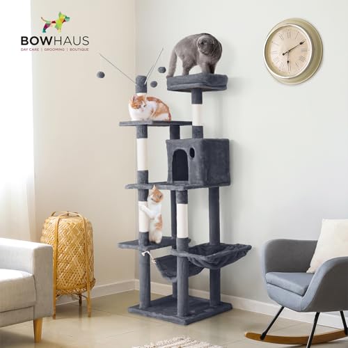 Image of BOWHAUS Tall Cat Tree for Indoor Large Cats or Kittens, Multi-Level Cat Activity Tree with Scratching Posts, Hammock, Cat Cave Condo, Modern Cute Small Cat Climbing Tower with Widened Perch