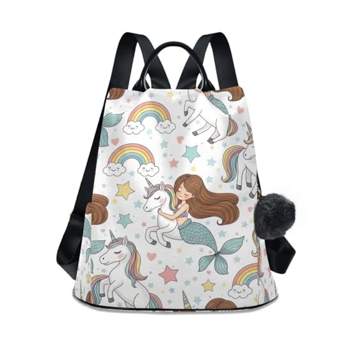 Mochila antirrobo para mujer diseño de unicornio arcoíris con pompones para viaje y senderismo