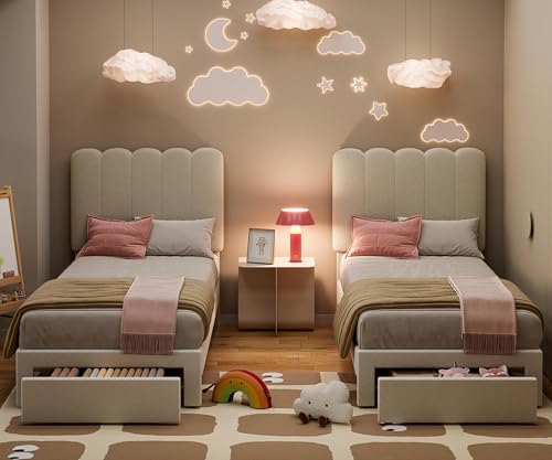 GarveeHome 2 Sets Twin Bed Frame with Under-Bed Drawer, Upholstered Platform Bed with Wave Headboard for Kids/Girls, Wooden Slats Support, No Box Spring Needed, Boucle Beige