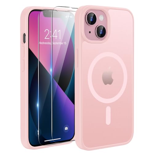 TQIAHF Magnetica Cover per iPhone 13 / iPhone 14 con 2 Pellicola Vetro Temperato Protezione Schermo Compatibile con Magsafe Case Militare Antiurto Sottile Opaca Telefono Custodia,Rosa