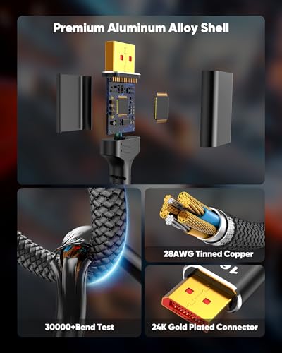 Image of Highwings 80Gbps Displayport Cable 2.1 3.3FT, 16K@60Hz, 8K@120Hz, 4K@240Hz, DP 2.1 Cable 16K Braided Cord, Compatible with HDR10 DSC 1.2a, G-Sync FreeSync Gaming PC, Gaming Monitor 5090, AMD 7900XTX