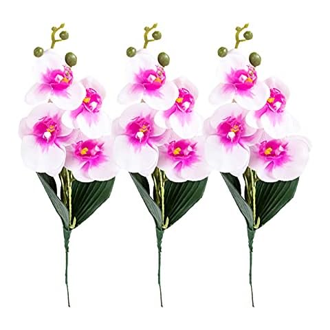 HAOSHICS 3Pcs Artificial Phalaenopsis Flowers Fake Orchid Flowers Real Touch Phalaenopsis for Table Centerpieces Home Wedding Party Decor (Four heads white and purple) Cover