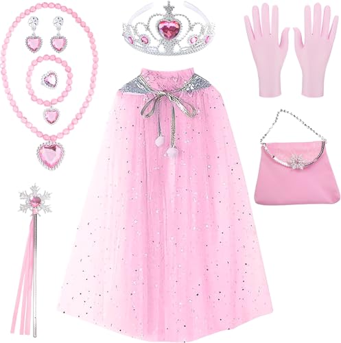 Prinzessin Kostüm Mädchen Set – 9-Teiliges Prinzessinnen-Set Mit Umhang, Diadem, Zauberstab, Schmuck, Handschuhen & Tasche – Verkleidungskiste Für Kinder, Für Karneval, Cosplay, Halloween, Kindertag