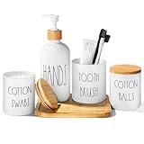 ALPIRIRAL White Bathroom Accessories, 5 Pcs Glass Bathroom Accessory Set with Bamboo Tray, Soap Dispenser and Toothbrush Holder Set, Qtip and Cotton Ball Holder, Farmhouse Boho Bathroom Set Complete