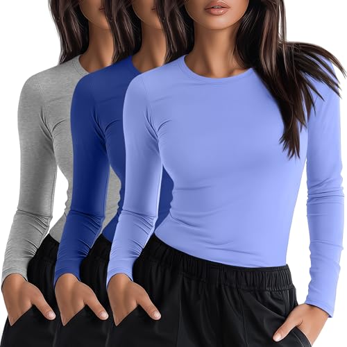 Neer 3 Pack Womens Underscrub Shirts Long Sleeve Crewneck Tops Fitted Layering Clothes Comfort Knit...