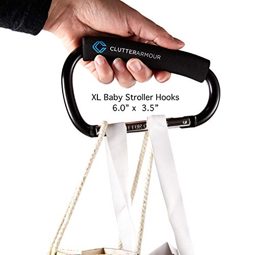 Stroller Hooks - XLarge Set of 2 - Easy to Clip on Stroller & Saves You Carrying Shopping & Diaper Bags – Hook All the Baby Gear You Need & Go – 2 Adjustable Straps - Carabiner Clips Fit All Strollers