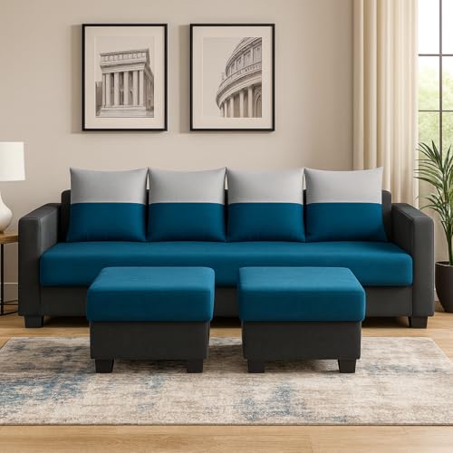 Image of SOCOZI Konva 6 Seater L Shape Sofa Set with 2 Movable Ottomans | Flexible Layout | Soft Velvet Suede Fabric | Modern Design | Plush Comfort Cushions for Living Room (Light Grey-Teal Blue-Dark Grey)
