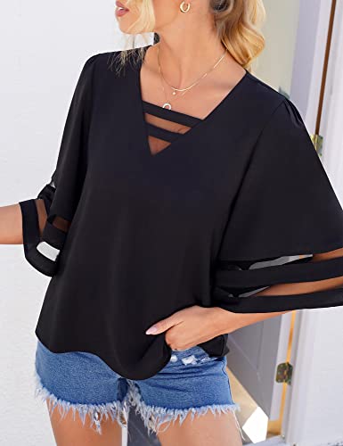 LookbookStore Tops for Women Trendy 2024 Dressy Casual V Neck Mesh Panel Blouse 3/4 Bell Sleeve Shirt4