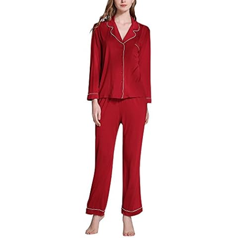Dolamen Women’s Nighties Pyjamas Set Long, Ladies Modal Cotton Soft & Smooth Pyjamas Sleepwear Nightwear, Luxury Winter Lingerie Check Buttoned Shirt Collar with Pocket (Medium, Red) Cover