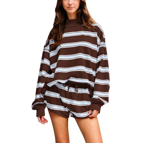 Sweat Suits for Womens 2 Piece Striped Pajamas Mock Neck Sweatshirt Shorts - image 1