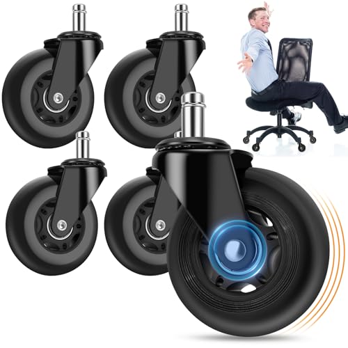 Office Chair Wheels, Outstanding Replacement Roller Blade Wheels for Office Gaming Desk Chairs - 3 Inch Caster Wheel Set of 5 Heady Duty Safe for Hardwood Floors and Carpet, Smooth & Quiet - Black