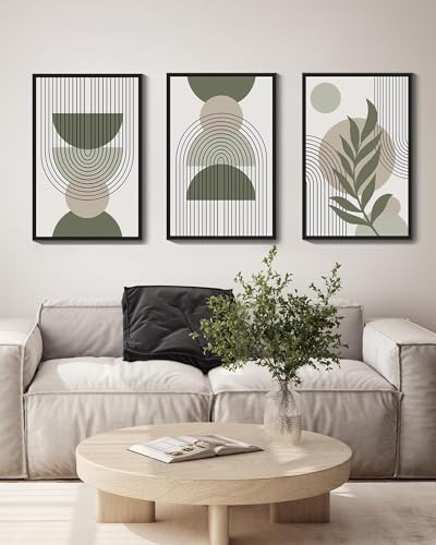 Drsoum 16x24in Large Boho Wall Art Green Sage Decor Framed Wood Modern Bohemian Abstract Geometry Canvas Prints Ready to Hang for Bedroom - Black Framed