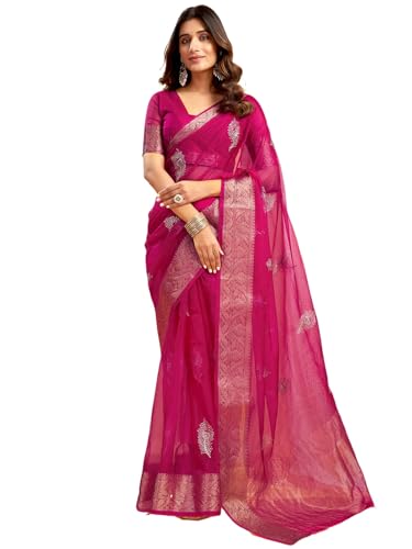 Image of Satrani Women's Organza Sequins Embroidery Jacquard Saree with Unstitched Blouse Piece