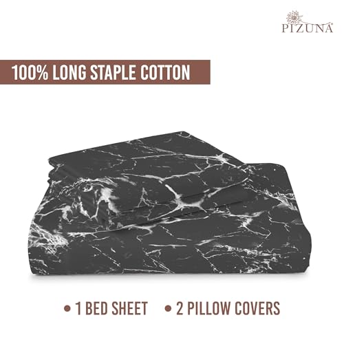 Image of Pizuna 100% Cotton Bedsheet Super King Size with 2 Pillow Covers, 400 Thread Count Long Staple Cotton, Marble Pattern Flat Bed Sheet 108X108 Inch for Superking Bed, Black Printed Bedsheet